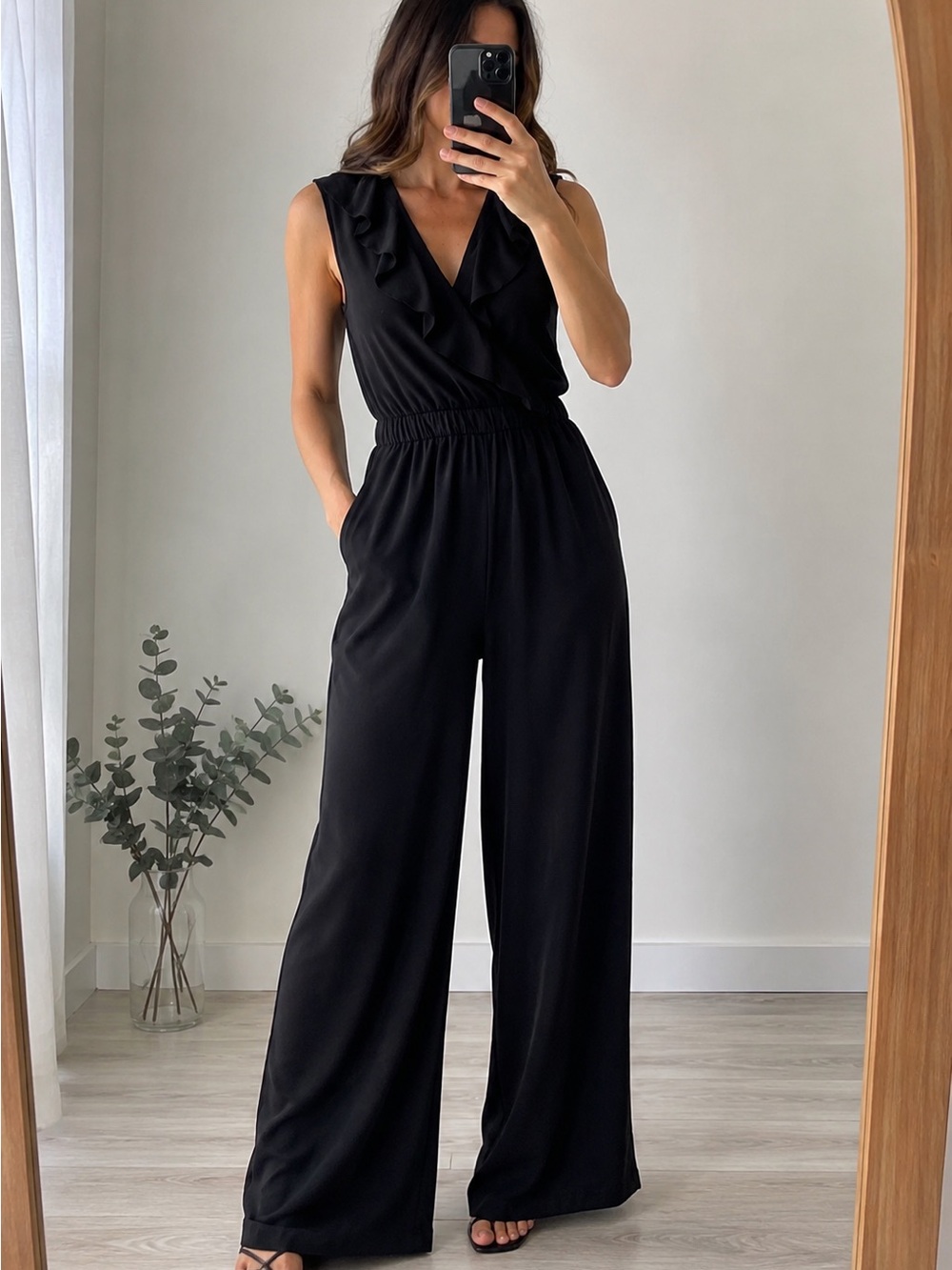 Max Studio black wrap jumpsuit sleeveless wide legs flair woven v neck small
